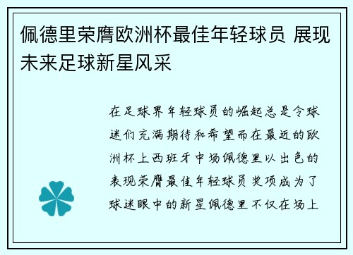 佩德里荣膺欧洲杯最佳年轻球员 展现未来足球新星风采